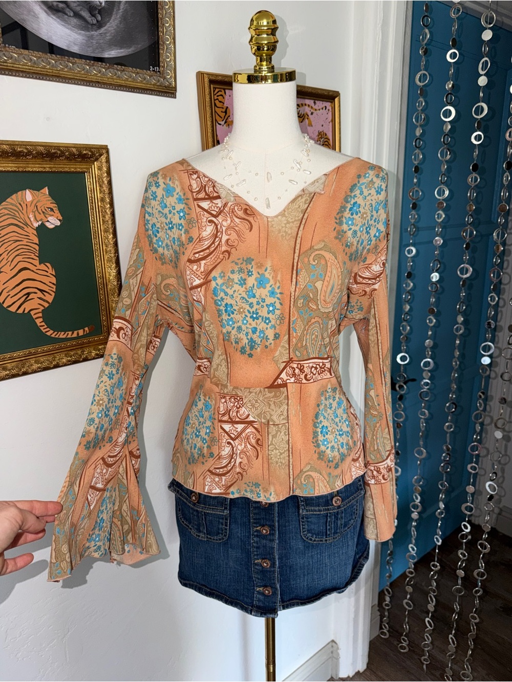 Vintage Y2K Boho Floral Patchwork Peach Top with Bell Sleeves